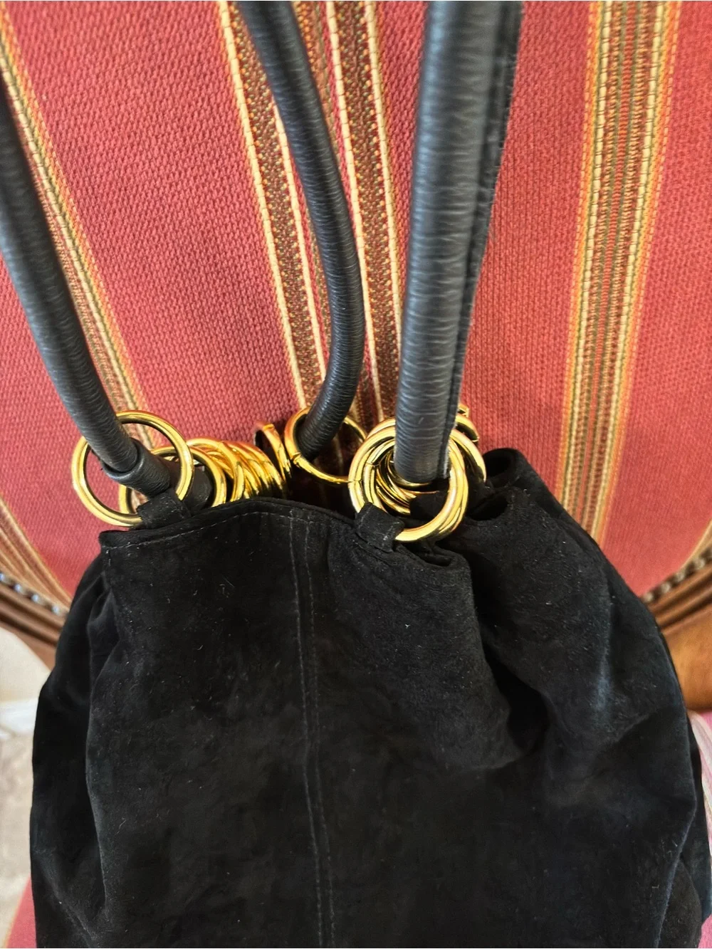 Saddle River Black Suede Leather Bucket Shoulder Bag Gold Hardware